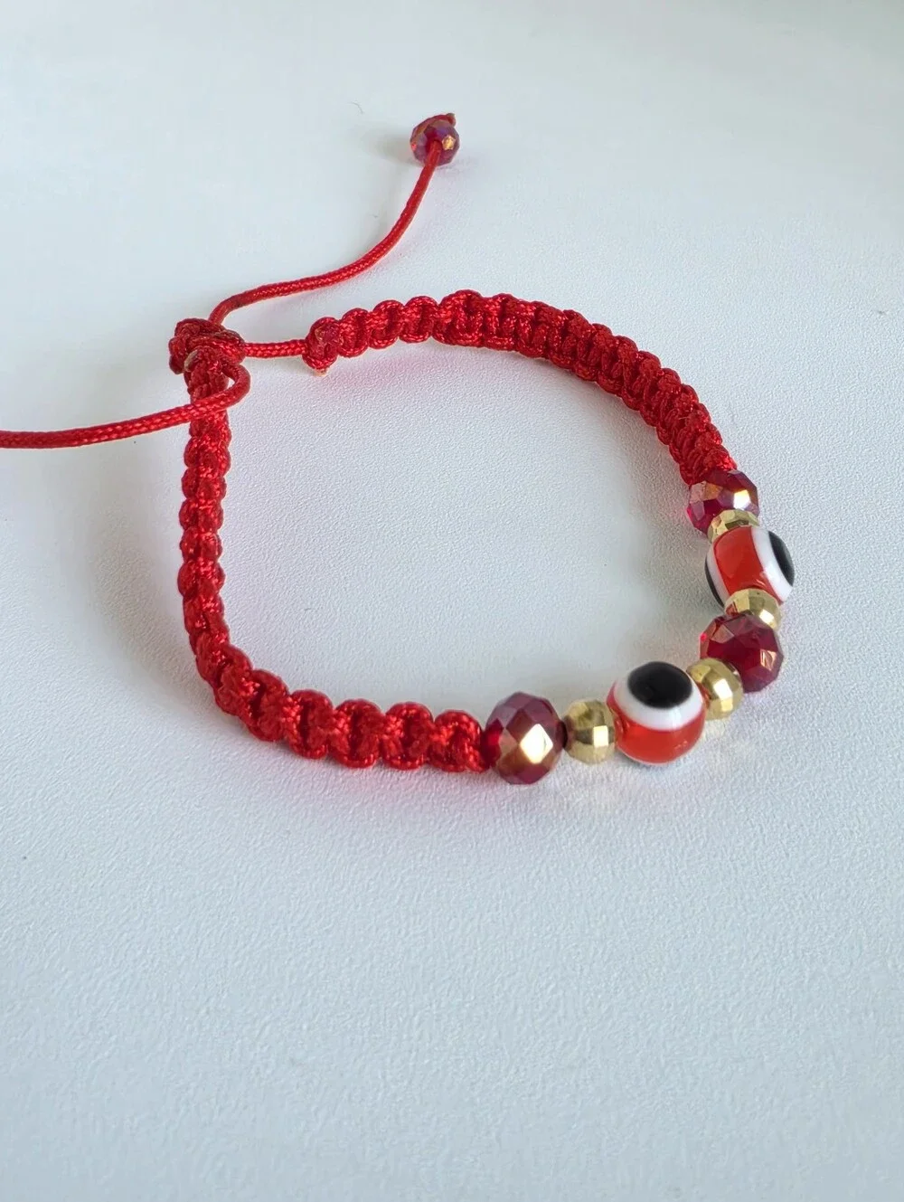 Handmade Red Evil Eye Adjustable Macrame Bracelet Gold Beads Protection Lucky